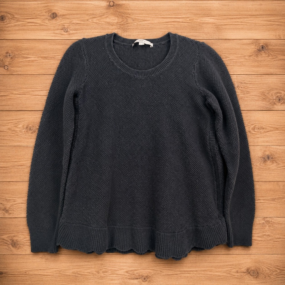 Loft Textured Knit Scalloped Hem Sweater Navy Blue Small Long Sleeve Crew Neck
